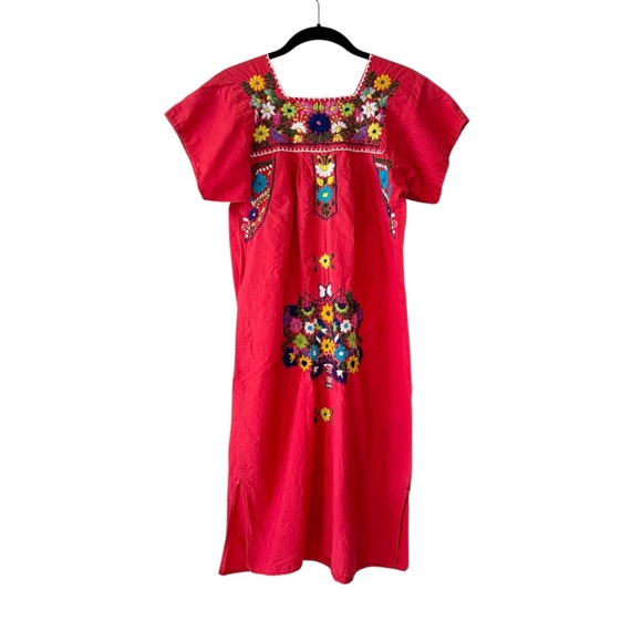 Vintage 60s 70s Red Floral Embroidered Mexican Puebla Midi Dress - Picture 1 of 8